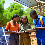 **

A diverse group of young Namibians participating in a vocational training program, learning skills like solar panel installation and sustainable farming techniques. The background shows modern technology and lush greenery, symbolizing a prosperous and sustainable future. Emphasis on hope, opportunity, and technological advancement.

**