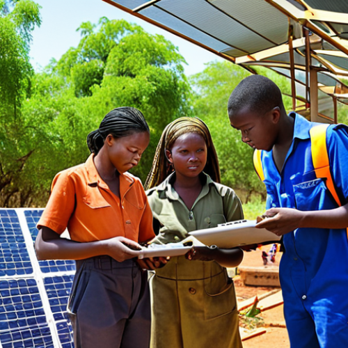 Home 4 **
A diverse group of young Namibians participating in a vocational training program, learning skills like solar panel installation and sustainable farming techniques. The background shows modern technology and lush greenery, symbolizing a prosperous and sustainable future. Emphasis on hope, opportunity, and technological advancement.
**