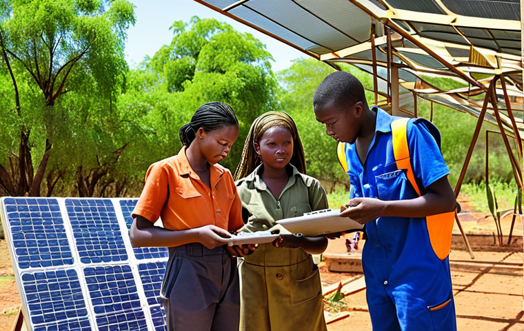 **
A diverse group of young Namibians participating in a vocational training program, learning skills like solar panel installation and sustainable farming techniques. The background shows modern technology and lush greenery, symbolizing a prosperous and sustainable future. Emphasis on hope, opportunity, and technological advancement.
**